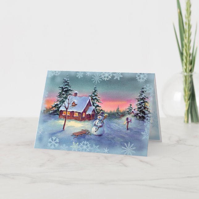 SNÖGUBBE & SNÖFLINGOR av SHARON SHARPE Helgkort (Framsida)