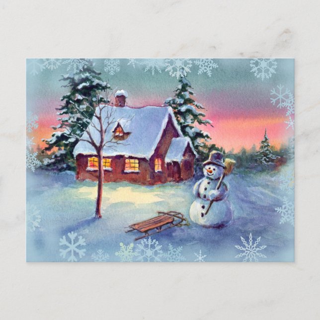 SNÖGUBBE & SNÖFLINGOR av SHARON SHARPE Vykort (Framsida)