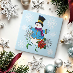 Snögubbe Snöflingor Poinsettia Kakelplatta
