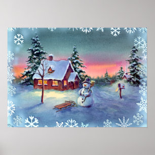 SNÖGUBBE, SNÖFLINGOR & SLED av SHARON SHARPE Poster