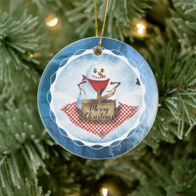 Snögubbe snöstorm picknic personlig jul julgransprydnad keramik (Träd)