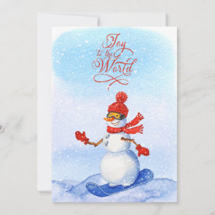 Snögubbe Snowboarding Watercolor Vinterjul Julkort