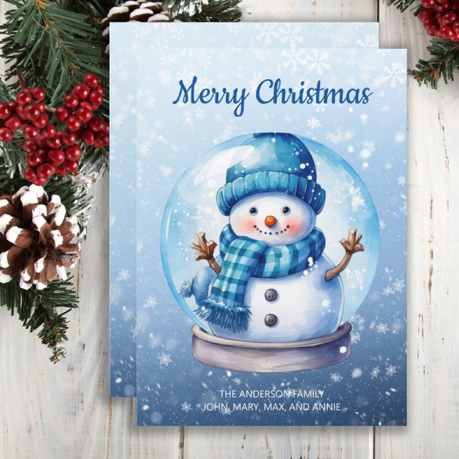 Snögubbe Snowglobe Blue White God jul Julkort (Christmas greeting card with a cute blue and white Christmas snowman in a snow globe)