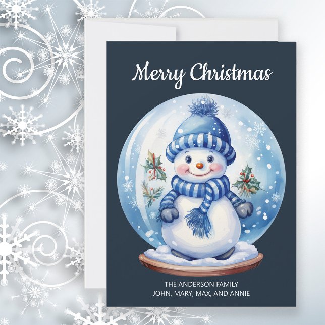 Snögubbe Snowglobe Navy Blue White God jul Julkort ( Christmas snowman "Merry Christmas" customizable greeting card)