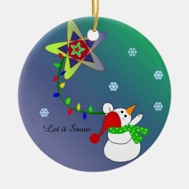 Snögubbe som flyger i Himlar Julgransprydnad Keramik (Framsidan)