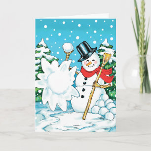 Snögubbe som kastar en kasta snöbollvinterroligt helgkort