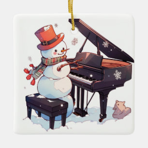Snögubbe som spelar Piano Julgransprydnad Keramik