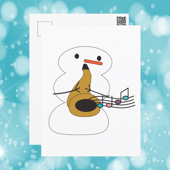 Snögubbe som spelar saxofon Musik noter Vykort (A postcard with a snowman playing the saxophone)