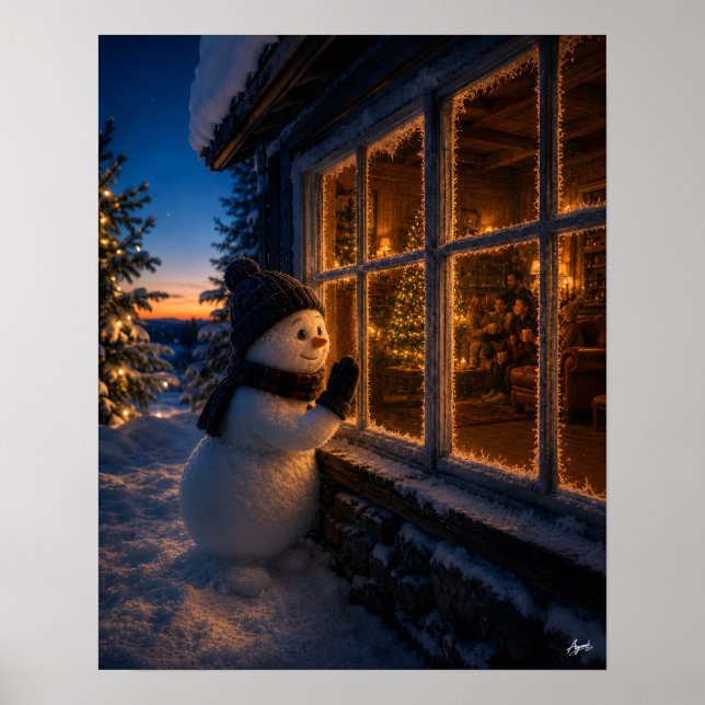 Snögubbe som tittar in genom fönstret poster (Framsidan)