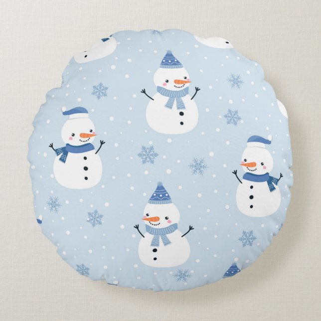 Snögubbe sömlöst mönster,vinterbakgrund,vinter  rund kudde (Framsidan)