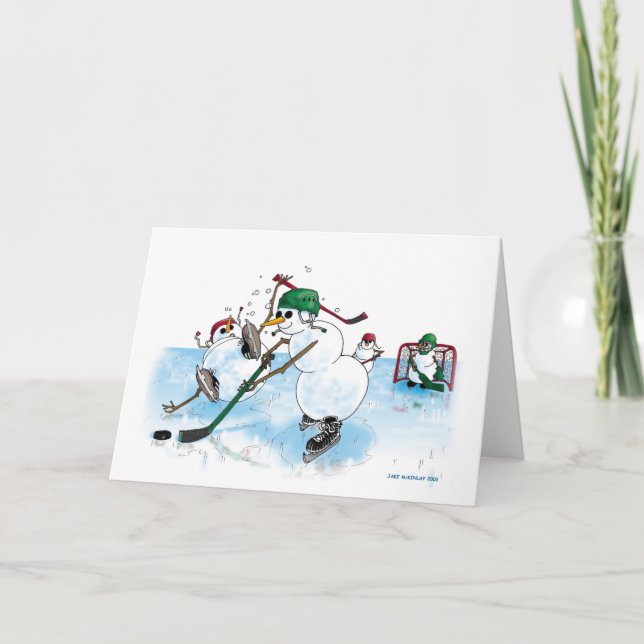 Snögubbe spelar hockey! tack kort (Framsida)