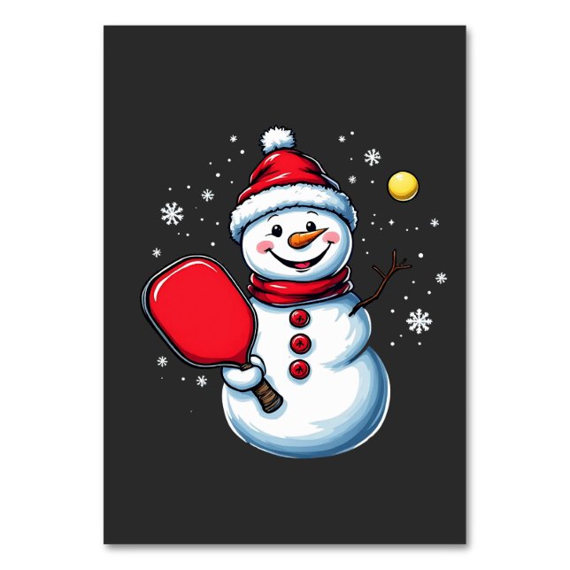 Snögubbe spelar Pickleball-sport jul Älskare Bordsnummer (Framsidan)