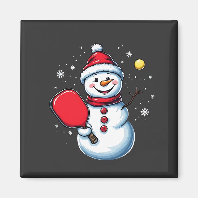 Snögubbe spelar Pickleball-sport jul Älskare Magnet (Framsidan)