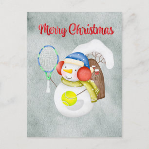 Snögubbe spelar tennis Jul - vattenfärg Helg Vykort