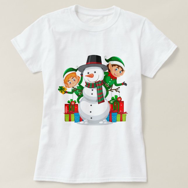 Snögubbe T Shirt (A white t-shirt with a cartoon image of a snowman with a black hat and a red and green scarf!)