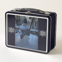 Snögubbe vid Lunch Box mitt Bord Metall