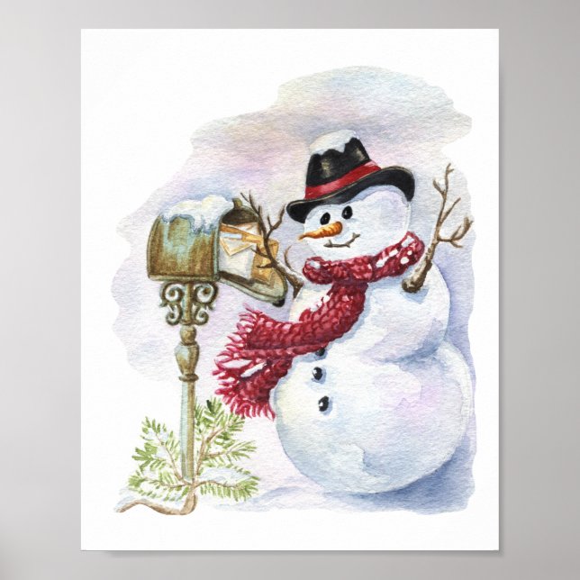 Snögubbe Watercolor Winter jul Decoupage Poster (Framsidan)