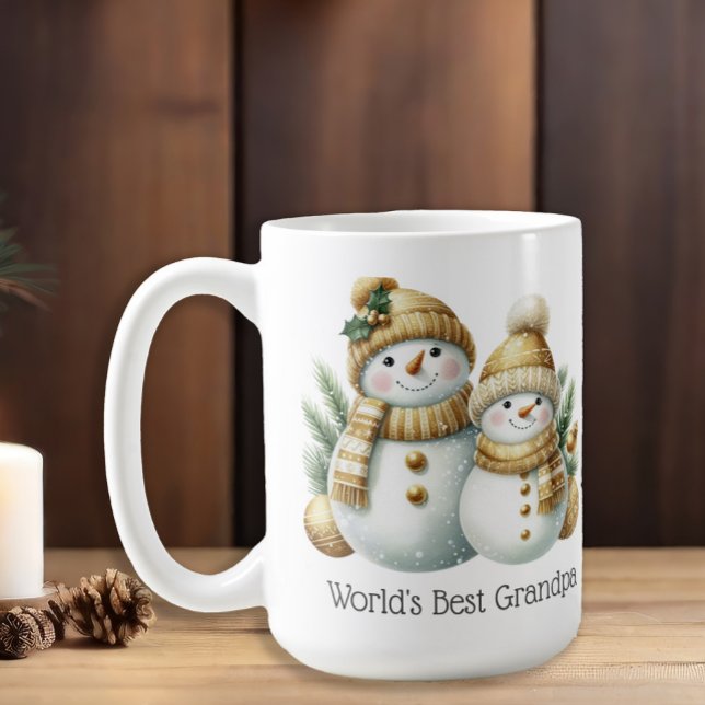 Snögubbe World's Best Grandpa Guld Grönt jul Kaffemugg ("World's Best Grandpa" snowman Christmas mug)