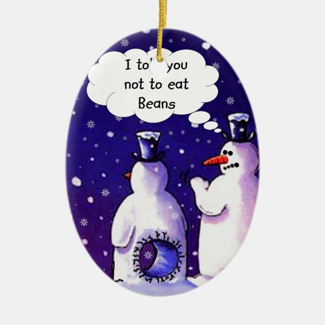 Snögubbear äter inte bönor julgransprydnad keramik (Framsidan)