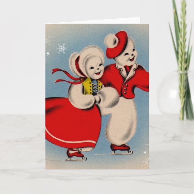 Snögubben kopplar ihop skridskoåkning helgkort (Framsida)
