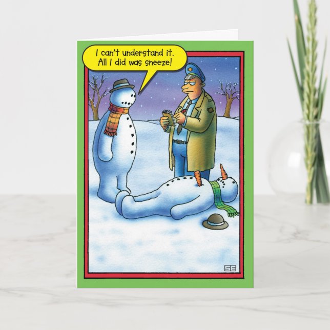 Snögubben nysar kortet för julhumorhälsningen helgkort (Framsida)
