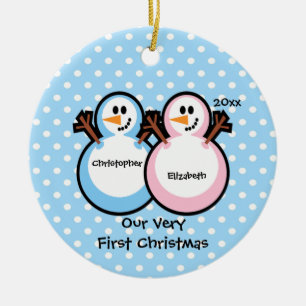 Snögubbetwillingarbaby första prydnad för jul julgransprydnad keramik