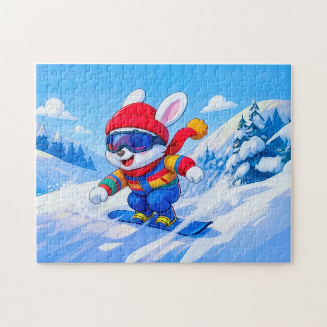 Snöhare snowboardåkning på ett vinterberg pussel (Horisontell)