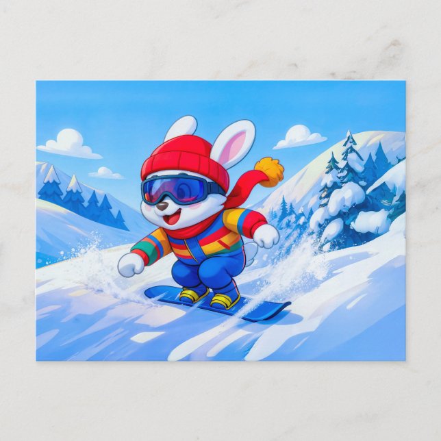 Snöhare snowboardåkning på ett vinterberg vykort (Framsida)
