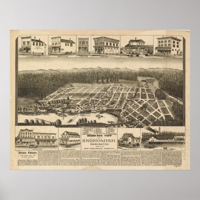 Snohomish Washington 1890 Antique Panoramic Karta Poster (Framsidan)