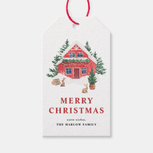 Snöig akvarell Röd stuga God Jul Presentetikett
