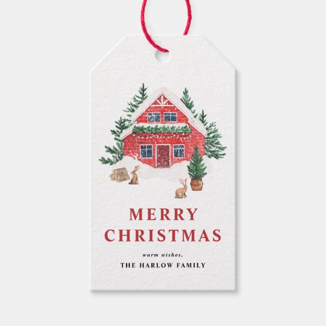 Snöig akvarell Röd stuga God Jul Presentetikett (Framsidan)