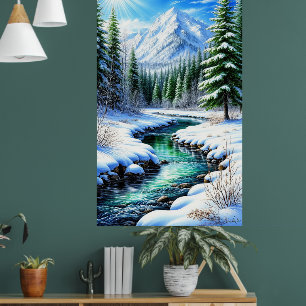 Snöig alpdal med solbelyst flod poster