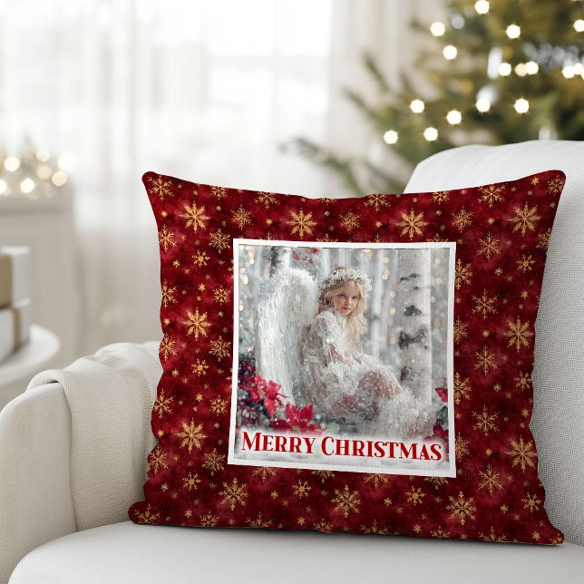 Snöig ängel Röd poinsettia julkudde present Kudde (Snowy Angel Red Poinsettia Christmas Pillow Gift)