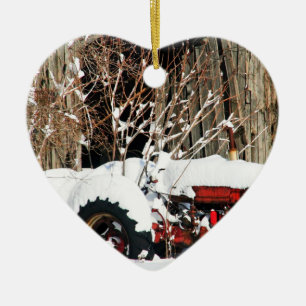Snöig antik traktor julgransprydnad keramik
