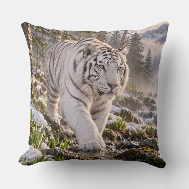 Snöig Bäck Vit Tiger Design Kudde (Framsida)