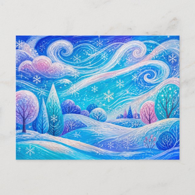 Snöig bergsskog med drivande snö vykort (Framsida)