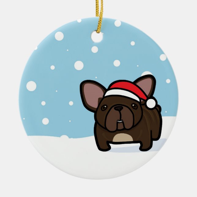Snöig Brindle Frenchie Julgransprydnad Keramik (Framsidan)