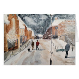 Snöig by, akvarell hälsningskort