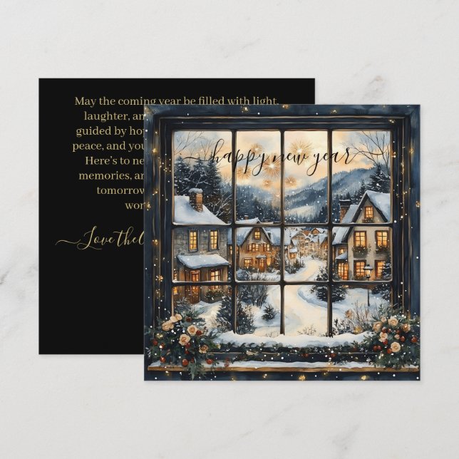 Snöig byfönsterscen med nyårshälsning julkort (Fram/baksida)