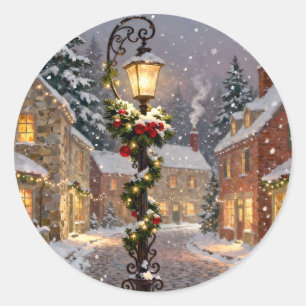 Snöig byscen med gatlyktesticker runt klistermärke