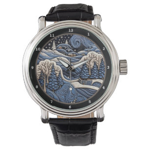 Snöig byscen med vinterträd armbandsur