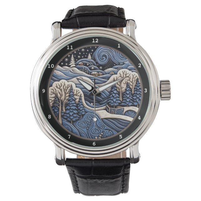 Snöig byscen med vinterträd armbandsur (Framsida)