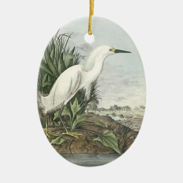 Snöig Egret vid Audubon Julgransprydnad Keramik (Framsidan)