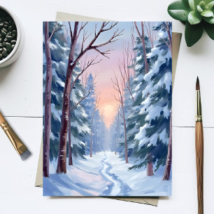 Snöig flykt Vinter Skog Akvarell Målning Vykort