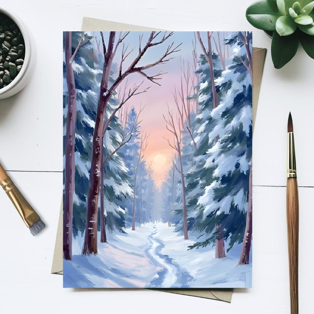 Snöig flykt | Vinter Skog Akvarell Målning Vykort (Skapare uppladdad)