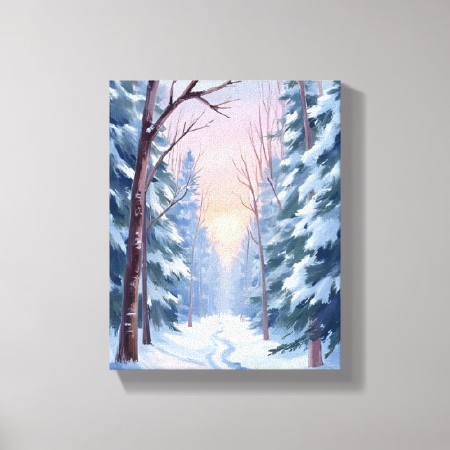 Snöig flykt | Vinter Skog Vattenfärg Målning Canvastryck (Framsida)