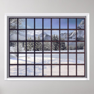 Snöig fönster för plats för bergFauxvinter Poster