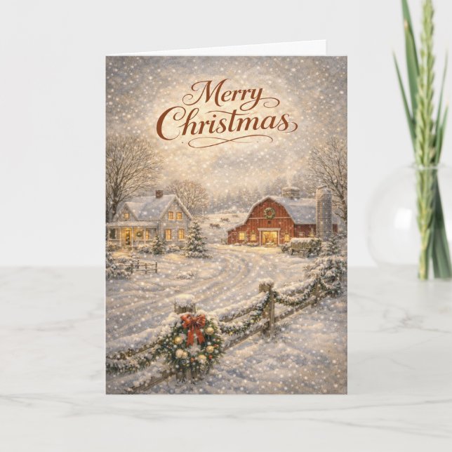 Snöig gård och röd ladugård God Jul Helgkort (Framsida)