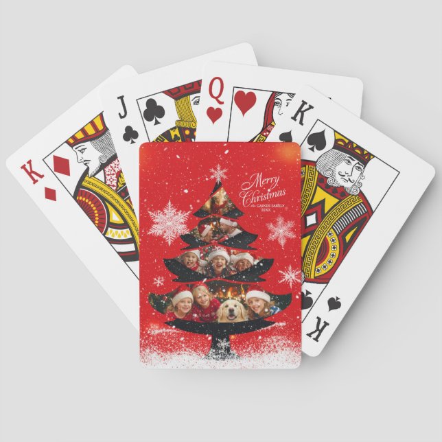 Snöig Glad Jul Familjefoto Träd Casinokort (Baksidan)