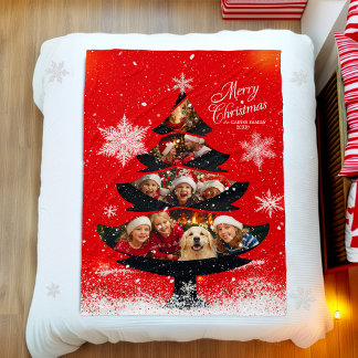 Snöig Glad Jul Familjefoto Träd Fleecefilt